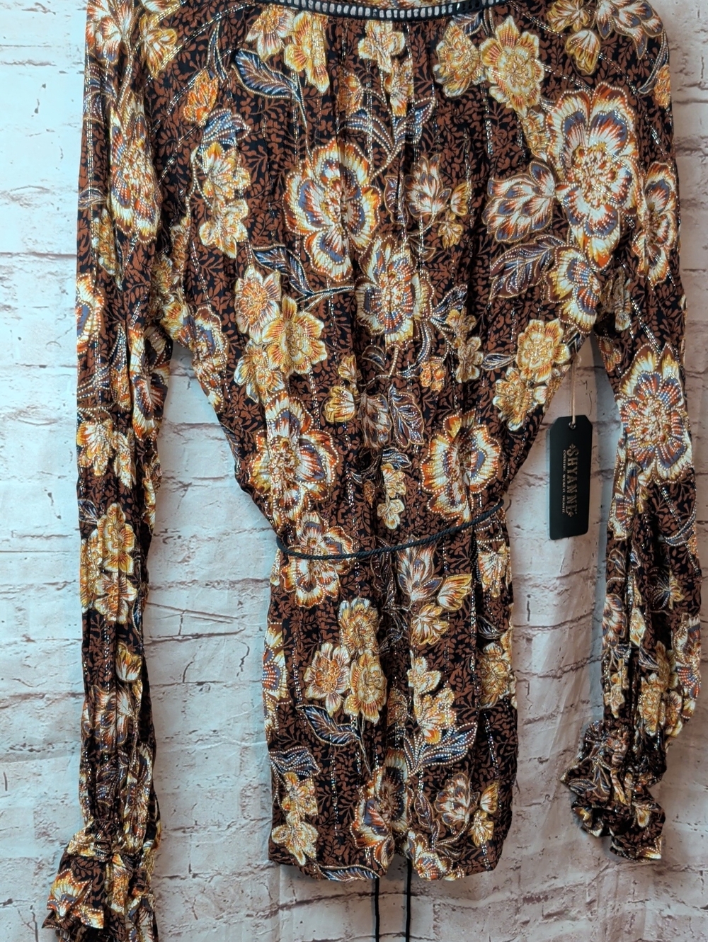 Shyanne Floral Peasant Blouse Brown and Gold Medium New Nwt - Picture 9 of 9